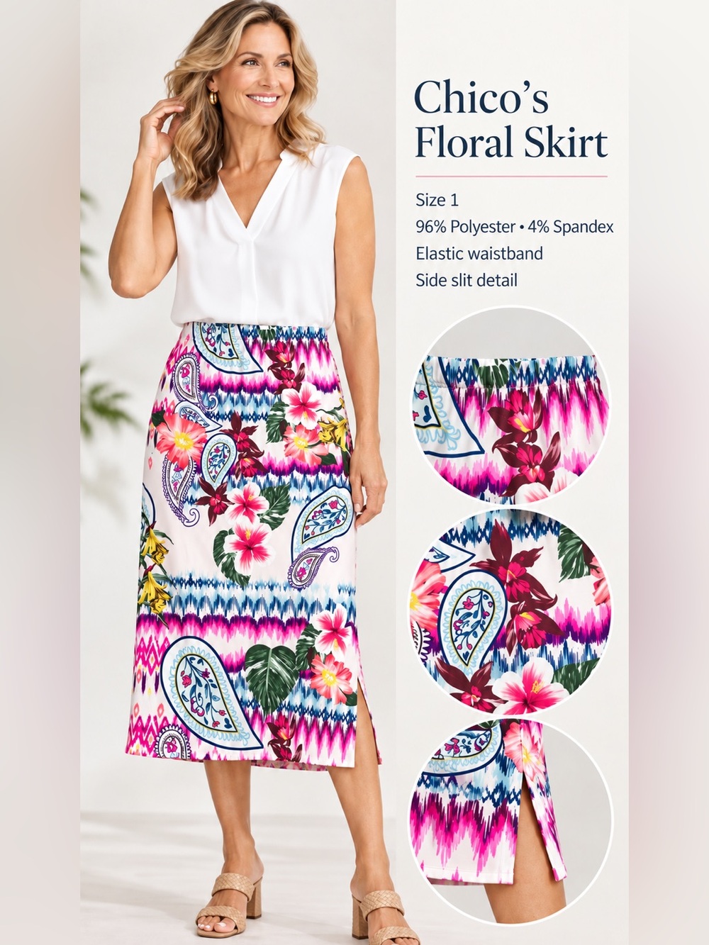 Chico's Pink Multi Floral Paisley Midi Skirt